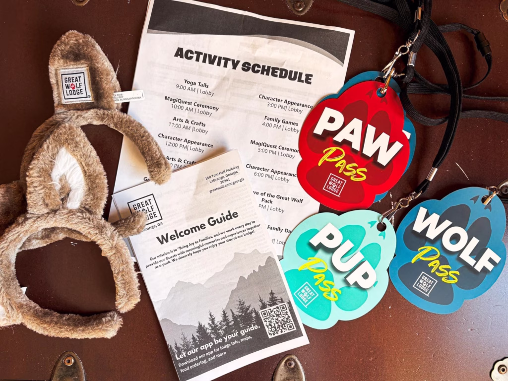 Activity schedules for the Great Wolf Lodge with Paw Pass, Pup Pass and Wolf Pass.