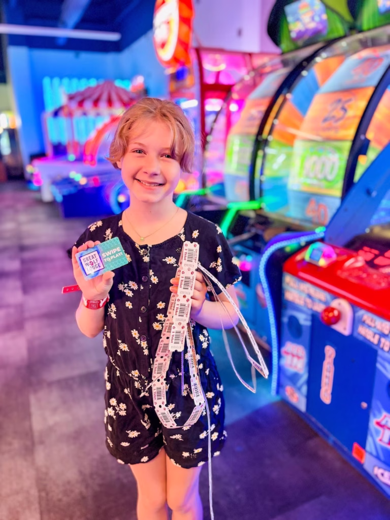 Arcade games at Nothern Lights Arcade and tickets won at the Great Wolf Lodge.
